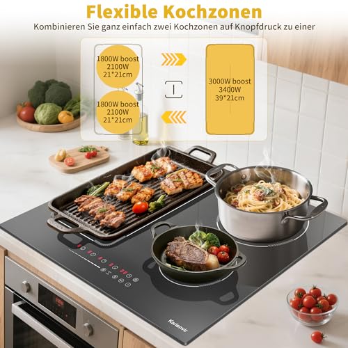Karienvir Induktionskochfeld 60cm mit Stecker, Kochfeld Induktion 4 Platten mit Flexzonen...