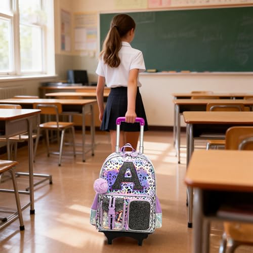 Image of Meetbelify 3 in 1 Backpack with Wheels for Girls Rolling Letter Backpack Cute Carry on Backpack Kids Luggage with Lunch Box Pencil Case for Elementary Student