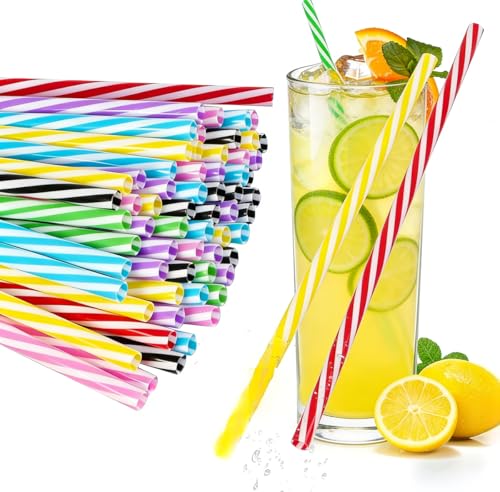 50Pcs Reusable Plastic Straws Colorful Stripe Hard Plastic Straws Dishwasher Safe for Family Bar Cafe Restaurant Party