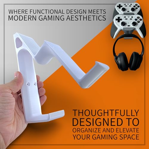 Image of Retro Dual Gaming Controller & Headphone Stand Wall Mount with Cable Holder | Stick-On Adhesive No-Drill | ABS Organizer for Gaming Room & Desk | Includes Cleaning Wipes (White, Pack Of 2)
