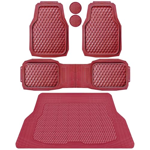 CAR PASS Heavy Duty Rubber Red Car Floor Mats & Cargo Liners Deep Dish All-Weather Trunk Mats Durable Anti-Slip 3D Rhombus Waterproof Trim to Fit Liner Universal Fit Auto Sedan SUV Truck Burgundy