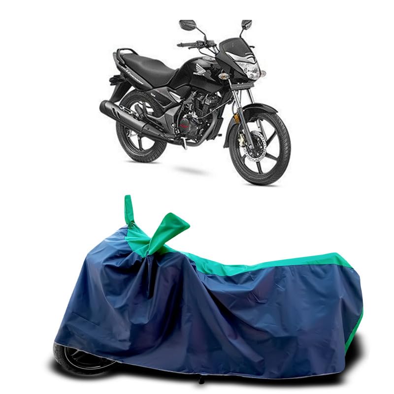 Image of DUFFEL-Two Wheeler Bike Body Cover Compatible for Cb Unicorn 150 Heat Protectio /UV-Rays /Birds Dropping /DustProof /Waterproof Indoor Outdoor and Parking Full Body Protection All Variants [Green Patta]