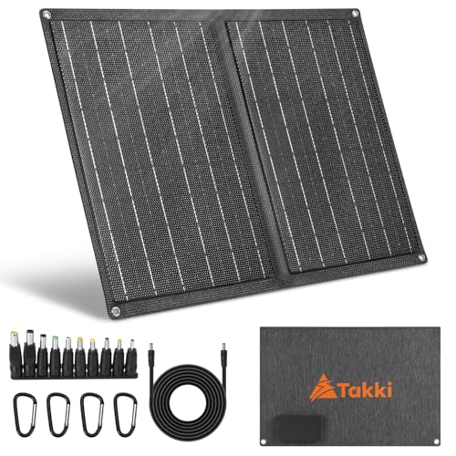 Takki 21W Portable Solar Panels Charger, Foldable Small Solar Panel System Kit with 10 Connectors USB DC Type-C Ports for Portable Power Station Generator Camping Phones