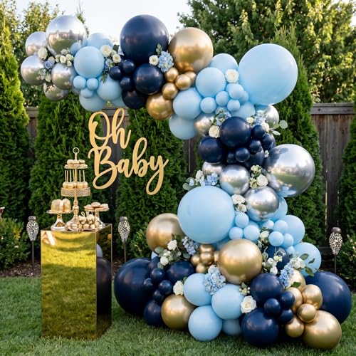 Image of RUBFAC Navy Blue Balloons 129pcs Different Sizes Pack of 18 12 10 5 Inch, Latex Retro Blue Garland Arch Kit for Men Birthday Sports Theme Party Graduation Boy Baby Shower Decoration