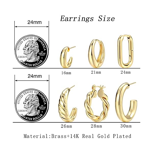 Gold Hoop Earrings Set for Women, 6 Pairs 14K Gold Plated Lightweight Hypoallergenic Chunky Open Twisted Hoops Earrings Pack Jewelry - Image 3