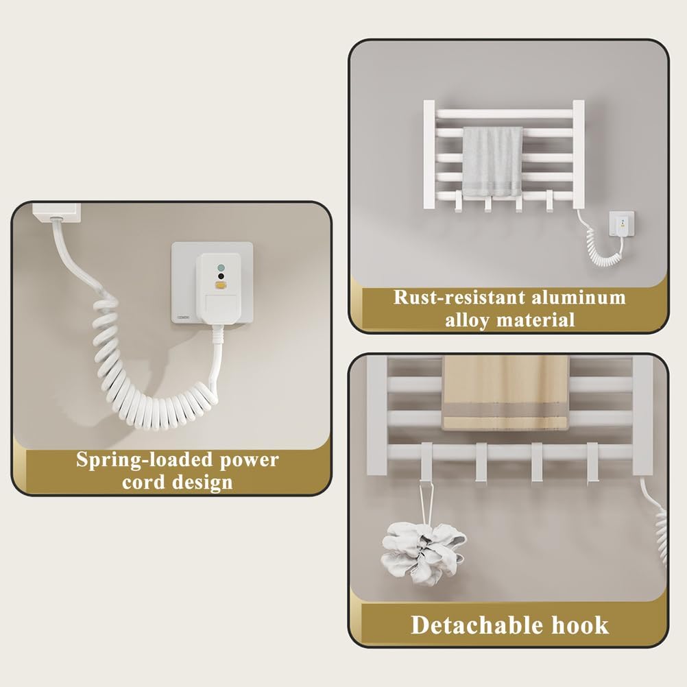 Wall Mounted Heated Towel Rack, 5 Bar Electric Towel Warmer with Hook, Thermostatic Hot Towel Dryer for Bathroom, Multifunctional Black Towel Heater