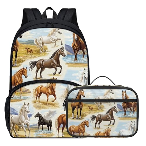Kids Cute Animal Print 17 Inch School Bag with Insulated Lunch Bag Horse Backpack for Girls Boys 6-8 8-12 Lightweight School Backpack with Lunch Box2
