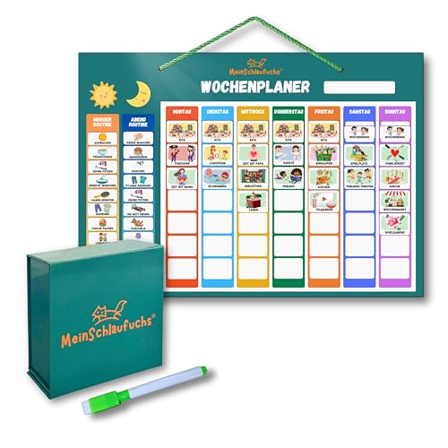 MeinSchlaufuchs® Wochenplaner Kinder - Montessori Magnettafel inkl. 250 Magnete, Aufbewahrungsbox, Kordel & Stift - beschreib- & abwischbar - Routine Planer Kinder (Grün)