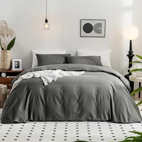 Image of JELLYMONI Cotton Duvet Cover California King - 100% Washed Cotton Linen Like Textured Comforter Cover, 3 Pieces Soft Bedding Set with Zipper Closure (Gray, Cal King 104 inchx98 inch)