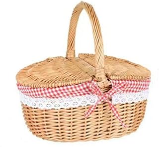 Country Style Wicker Picnic Basket Camping Basket Stylish Double Cover Design Removable Liner with Lid Handle and Liners for Picnics Party Barbecue (Small liner)
