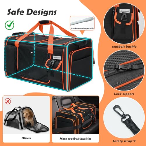 Odoland Katzentransportbox für 2 große Katzen 60×38×35cm - Faltbar Erweiterbarer Transporttasche Katze Welpen, atmungsaktiv Hundetragetasche mit Schultergurt & Katzenklo - Ideal für Reise, Auto
