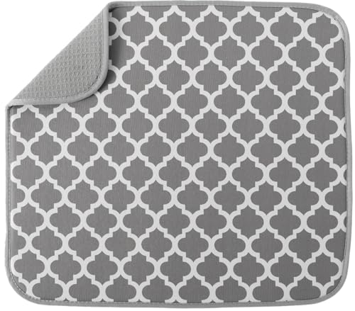 S&T INC. Dish Drying Mat, 16” x 18”, Absorbent Microfiber Kitchen Counter Mat, Dish Drying Pad for Dishes, Utensils, Pots and Pans, Large, White Trellis
