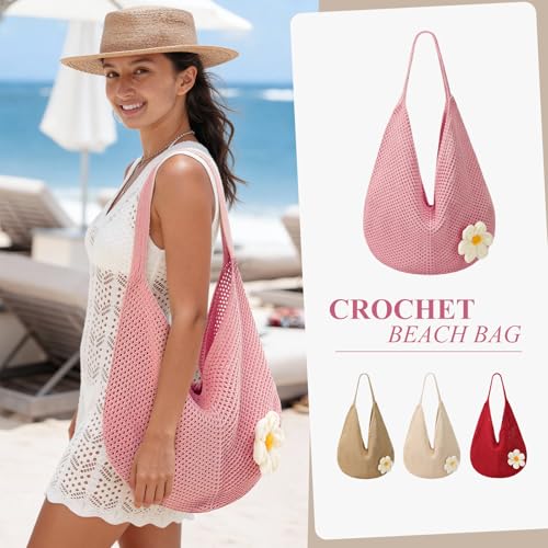 Image of Premillow Crochet Beach Bags for Women, Summer Beach Tote Bag, Mesh Cute Beach Purse, Aesthetic Knit Bag Handbag Shoulder Bag