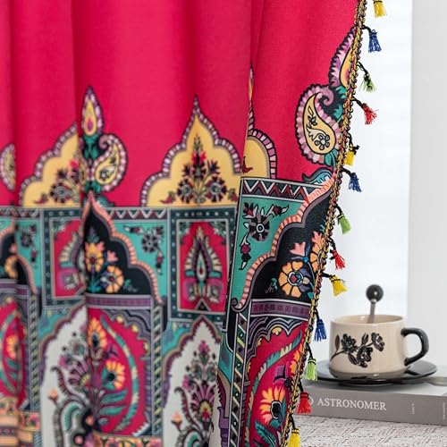Image of Red Paisley Curtains 96 Inches Long, Boho Farmhouse Light Filtering Rod Pocket Drapes with Tassel Trim for Bedroom Living Room, 2 Panels