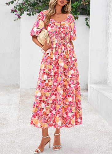 Okiwam Womens Summer Dresses 2025 Spring Floral Maxi Sundress Puff Sleeve Smocked Flowy Beach Vacation Wedding Guest Dress4