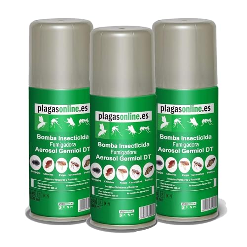 PLAGAS ONLINE Bomba Insecticida Fumigadora anti Chinches, Ácaros, Pulgas, Cucarachas, Mosquitos, Hormigas, Polillas… - Uso interiores - Acción Rápida y Duradera - 100ml (3 uds)