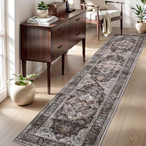 AMOAMI-2X10 Runner Rug-Washable Runners for Hallways-Soft Non Slip Bedside Rugs for Bedroom-Vintage Long Rug for Hallways Entryway Laundry Room Stair Kitchen Bathroom Brick/Brown Brown 2' x