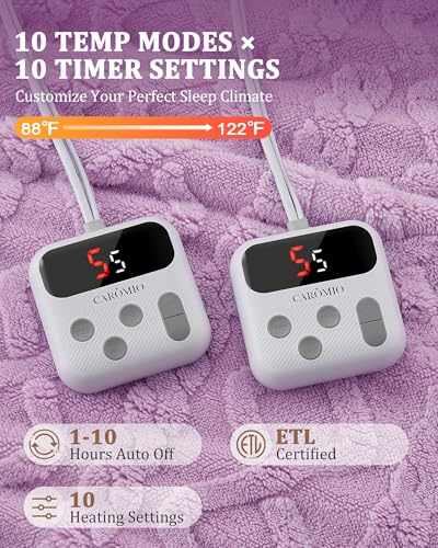 CAROMIO Electric Blanket King Size Dual Control - Thick Tufted Sherpa Heated Blanket King with 10 Heating Levels and 10 Time Settings, ETL Certified Fast Heating Blanket King Size 90"×100", Purple