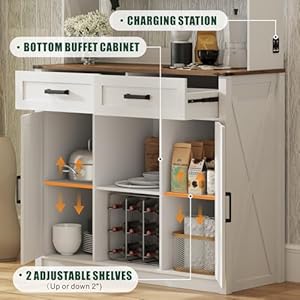 Coffee Bar Cabinet with LED Lights & Charging Station, Farmhouse Buffet Sideboard with 3 Color Lights, Barn Door Credenza with Drawers/Hutch/6 Hooks for Kitchen/Dining Room/Living Room, White Coffee Bar Cabinet with LED Lights Charging Station Farmhouse Buffet Sideboard with 3 Color Lights Barn Door Credenza with DrawersHutch6 Hooks for KitchenDining RoomLiving Room White