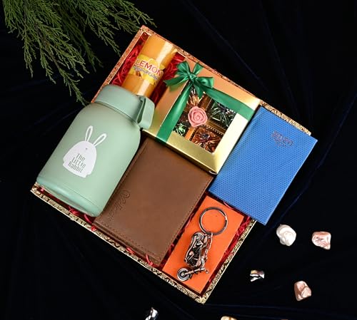 Valentine gift for boyfriend/valentines day gifts for him/valentine gift for husband-Decorated tray+Chocolate box+Water bottle+Men's wallet+metallic bike keychain+pocket diary+Card