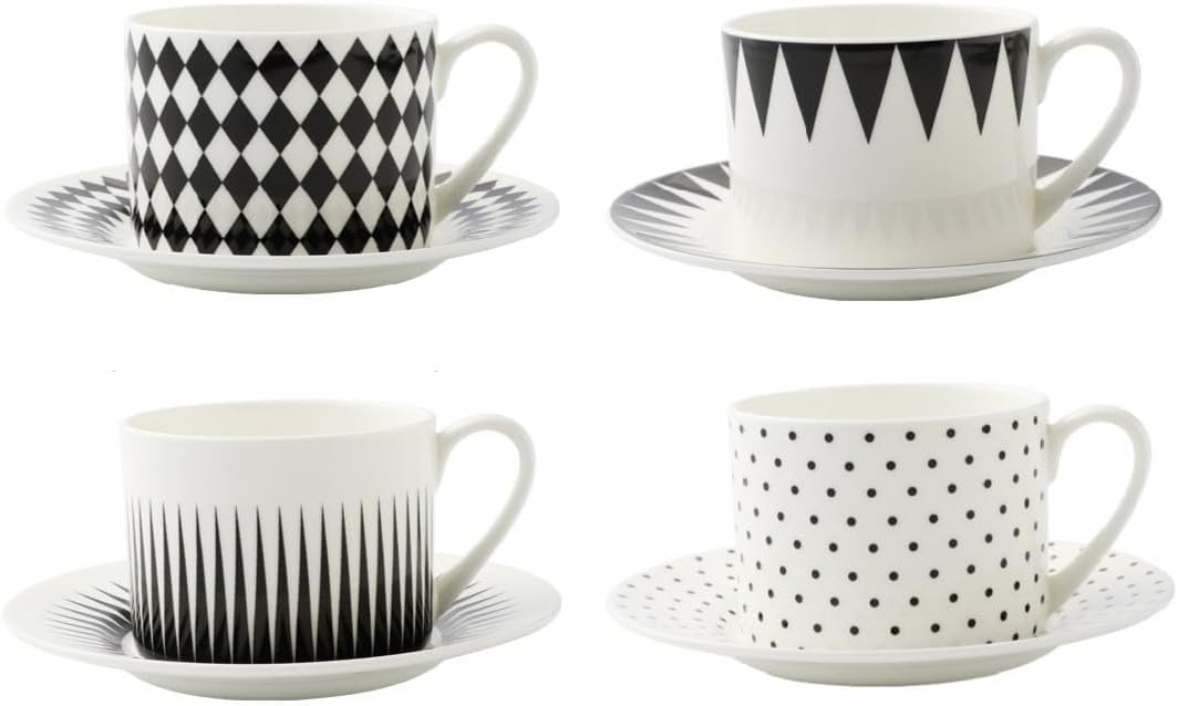 FROOWAN 8 oz Bone China Coffee Cup Set of 4, Geometric Pattern Ceramic Cups with Saucers for Iced Coffee Espresso Latte Cappuccino Tea, Reusable, Porcelain, Dishwasher and Microwave Safe FROOWAN 8 oz Bone China Coffee Cup Set of 4, Geometric Pattern Ceramic Cups with Saucers for Iced Coffee Espresso Latte Cappuccino Tea, Reusable, Porcelain, Dishwasher and Microwave Safe