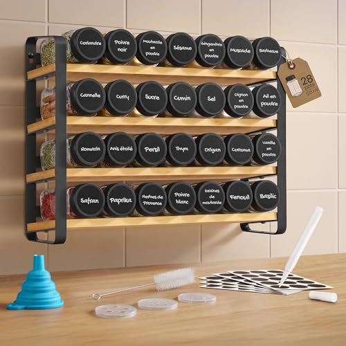 SONGMICS Étagère à Épices à 4 Niveaux, avec 28 Pots en Verre, Organisateur de Cuisine, Porte-épices, avec Étiquettes, Entonnoir, Marqueur, Brosse, Noir...