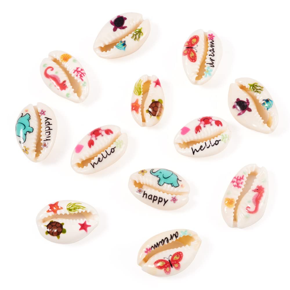 Boutigem 60Pcs Cowrie Shell Beads No Hole Printed Sea Horse Tortoise Crab Fish Stars Butterfly Word Pattern Sea Shell Beads for Craft Decor — image 1