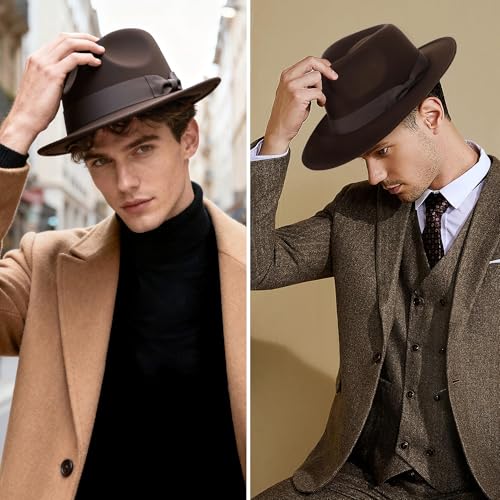 Image of BABEYOND 1920s Fedora Hat for Men Gatsby Wide Brim Fedora Hat Felt Panama Cap with Band for Women Men