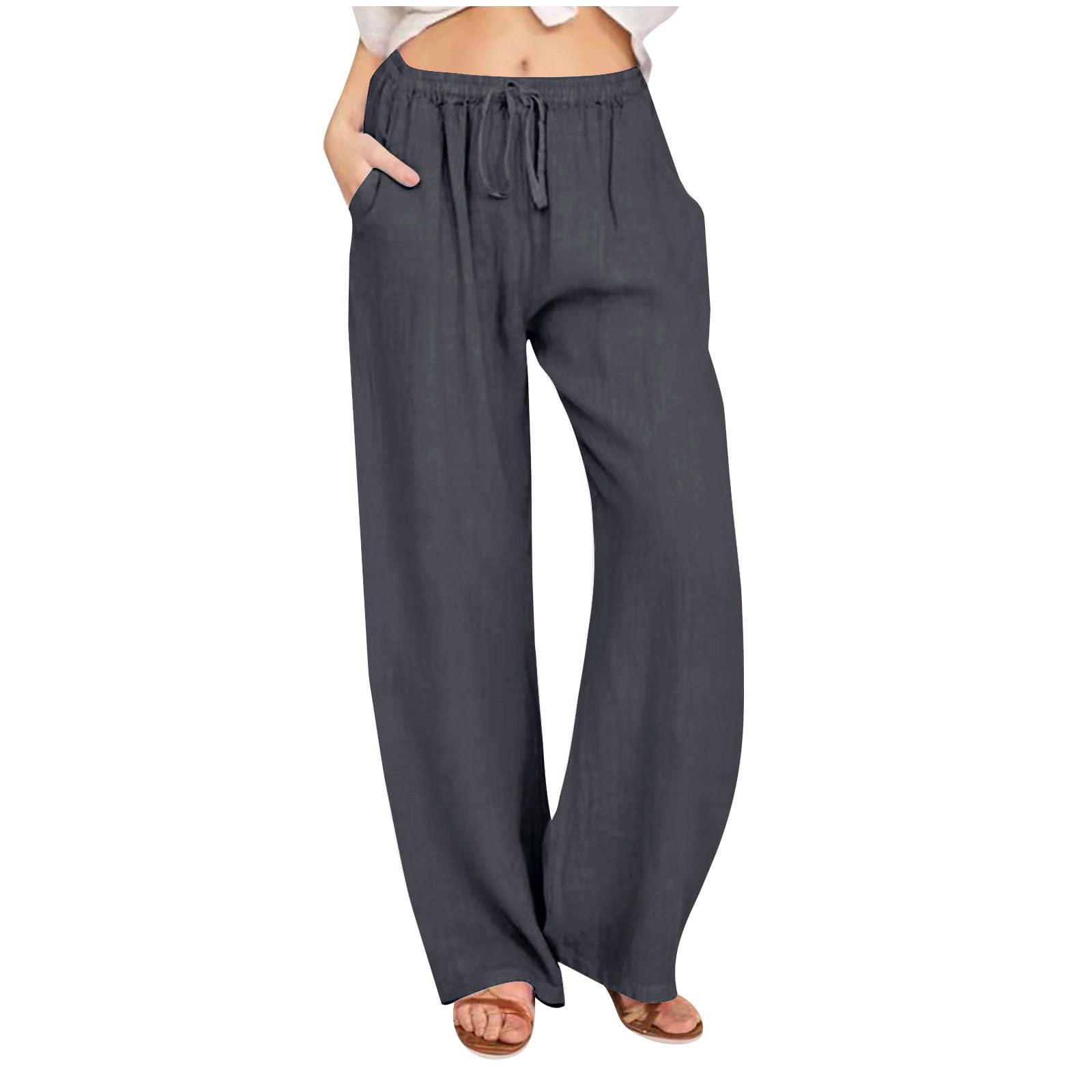 GenericLinen Summer Pants Women 2024 Trendy Casual High Waist Drawstring Loose Fit Lightweight Long Palazzo Gauze Pants