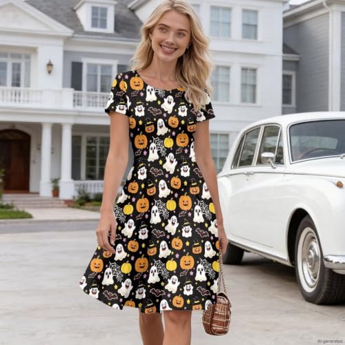 Image of HUGS IDEA Womens Puffy Swing Midi Dress Round Neck Short Sleeve Party A-Line Dresses