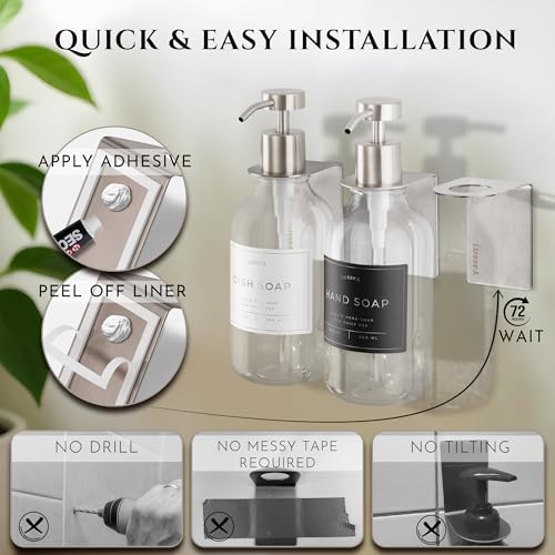 Wall Mount Soap Dispenser Holder, 2 Pack – 304 Stainless Steel, 2.95"×1.97"×2.56", 1.1" Neck Fit, No-Drill Peel & Stick Adhesive, Rustproof, Fits LUSSPA Bottles (Brushed Silver) - image 4
