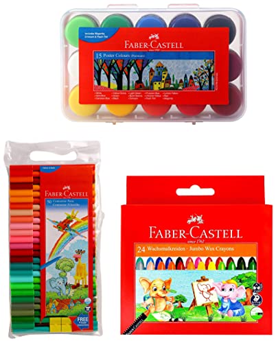 Image of Faber-Castell Poster Color Plastic Box - Pack of 15 Jumbo Wax Crayons - 24 Shades Connector Pen Set - Pack of 50 (Assorted)