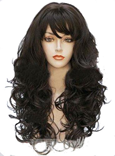 Brown Wig with Bangs Wavy Curly 24 inches Synthetic Wigs Natural Looking Wig Halloween costume wig Brown Long Hair Wigs for Women (Dark Brown)