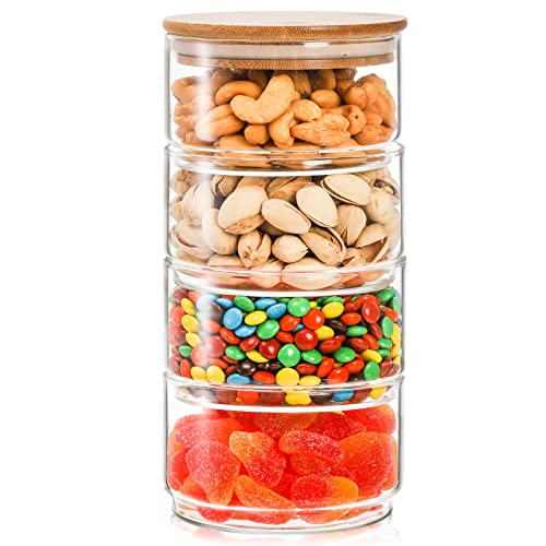 Coloch 4 Tier Stacking Glass Jars With Airtight Bamboo Lid, 12Oz Clear Food Storage Canister Set Decorative Glass Jars For Candies, Nuts, Condiments, Tea, Tiny Crafts, Kitchen, Living Room #TOP27