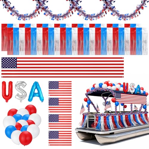 Acostop 74pcs 4th of July Decorations Set - American Flags & Banner & Latex Foil Balloons & Fringe Curtains & Garlands Fourth of July Decor for Parade Float Boat Golf Cart Outdoor Porch Party