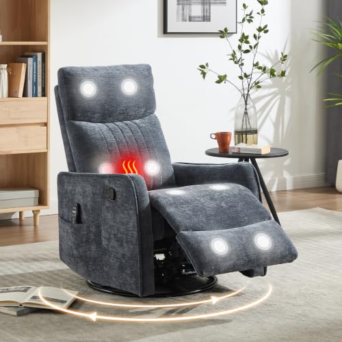 Image of Manual Swivel Rocker Recliner Chair for Adults, Overstuffed Reclining Glider Chair for Nursing with Vibration Massage & Heat, Living Room Rocking Recliner 2-Stage backrest, Chenille Fabric Blue