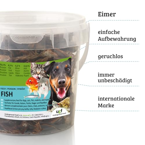 UGF - Trockenfisch für Hunde, Hunde Leckerlis - 80g im 500 Milliliter Eimer, Hundeleckerli Getreidefrei, Getrockneter Fisch, Hypoallergen, Diätetisch, Trainingsleckerli, Kauartikel