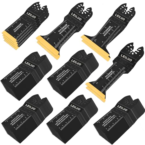 LEILUO 110 hojas de sierra oscilantes de titanio extralargas y anchas para clavos de madera, yeso, accesorios universales de herramientas oscilantes con bolsa de almacenamiento compatible con DeWalt