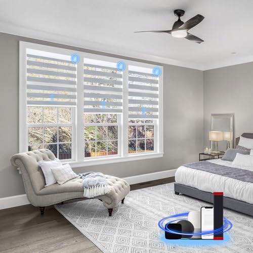 Motorized Zebra Blinds with remote, 90%Blackout Dual Layer Automatic Blinds, Rechargeable Horizontal Wireless Electric Shades for Windows Compatible with Alexa Google (Fine Lines Grey, 47