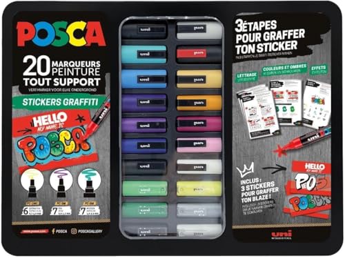 POSCA - Mitsubishi Pencil - Mallette Métal Sticker Graffiti - 20 Marqueurs Peinture Acrylique - 3 Tutos - 3 Stickers pour Graffer ton Blaze - Pointes PC-1MC PC-3M PC-5M - Tout Support