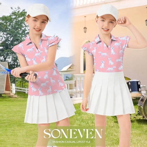 Image of Soneven Girls Ruffle Sleeve Polo Shirts V-Neck Golf Tennis T-Shirts Uniform Shirts Quick Dry for 4-14 Years