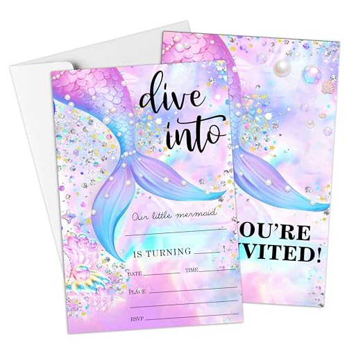 Rwykg Mermaid Birthday Invitation Cards Under the Sea Birthday Invites 20 Party Invitations with 20 Envelopes Birthday Celebration Supplies 4x6 Double-sided Fill-in bday Invites for Girls
