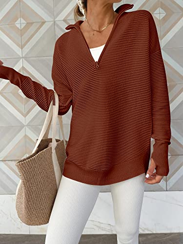 Anrabess Women'S 2024 Fall Long Sleeve Half Zip Casual Oversized Ribbed Knit Pullover Sweater Top Thumb Hole Trendy Outfits Rust Medium thumb #1