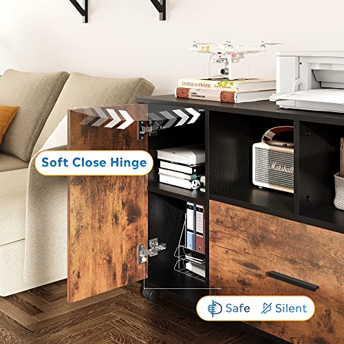 Devaise Office File Cabinet With Lock, 1-Drawer Wood Lateral Filing Cabinet On Wheels, Printer Stand With Open Storage Shelves For Home Office, Rustic Brown #TOP3