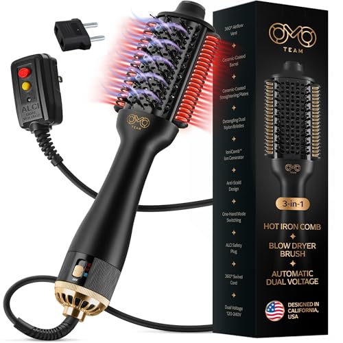 Image of Automatic Dual Voltage Blowout Brush Hair Dryer, 4-in-1 Blow Drying Brush, Ionic Hair Straightener w /No Heat Damage, Light 1.3 lb Blowout Tool, Blow Dryer Curling Wand, Hot Air Styler for All Types