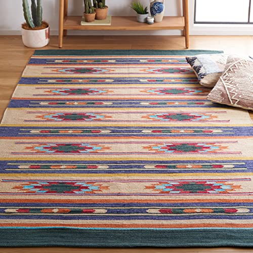 SAFAVIEH Cotton Kilim Collection Accent Rug - 4' x 6', Blue & Ivory, Handmade Southwestern Boho Tribal Cotton, Ideal for High Traffic Areas in Entryway, Living Room, Bedroom (KLC301M) SAFAVIEH Cotton Kilim Collection Accent Rug - 4' x 6', Blue & Ivory, Handmade Southwestern Boho Tribal Cotton, Ideal for High Traffic Areas in Entryway, Living Room, Bedroom (KLC301M)