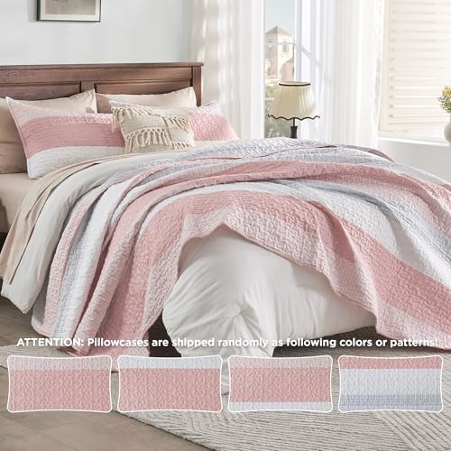 Image of Andency Pink Quilt Queen(90x96Inch), 3 Pieces (1 Striped Quilt and 2 Pillowcases) Patchwork Striped Bedspread Coverlet Set, Soft Lightweight All Season Quilted Bedding Set