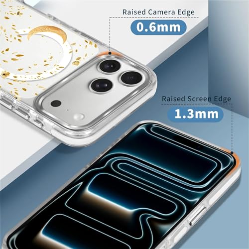 Coque iPhone 17 Pro Max Magsafe rigide transparente et antichoc avec motif lune dorée