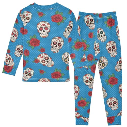 Pajama Sets Long Sleeve Sugar Skulls Roses on Blue Soft Comfy Sleepwear 2 Piece PJS 3-8T3
