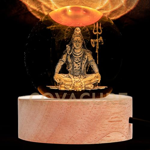 Image of COVACURE 3D Shiv Crystal Ball Night Lamp, Solar System Shiv Idol Crystal Ball Night Light, USB Table Colorful LED Wooden Base Lamp for Home, Office, Birthday Gift
